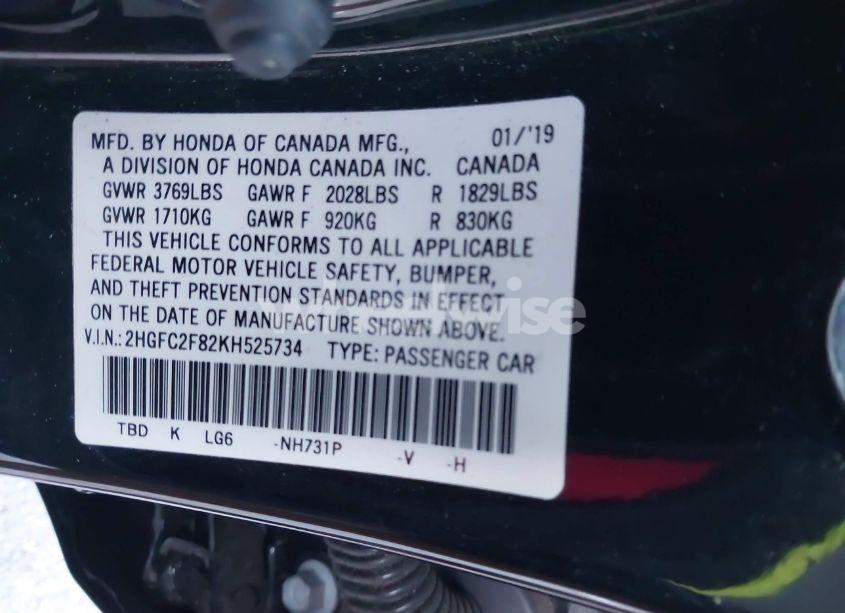 Photo 9 of 2019 Honda Civic SPORT (VIN 2HGFC2F82KH525734)