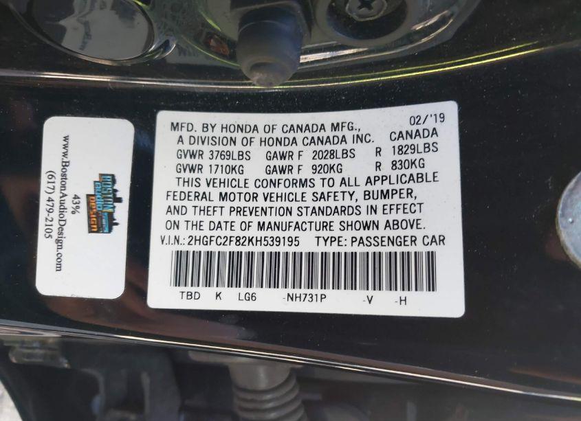 Photo 9 of 2019 Honda Civic SPORT (VIN 2HGFC2F82KH539195)