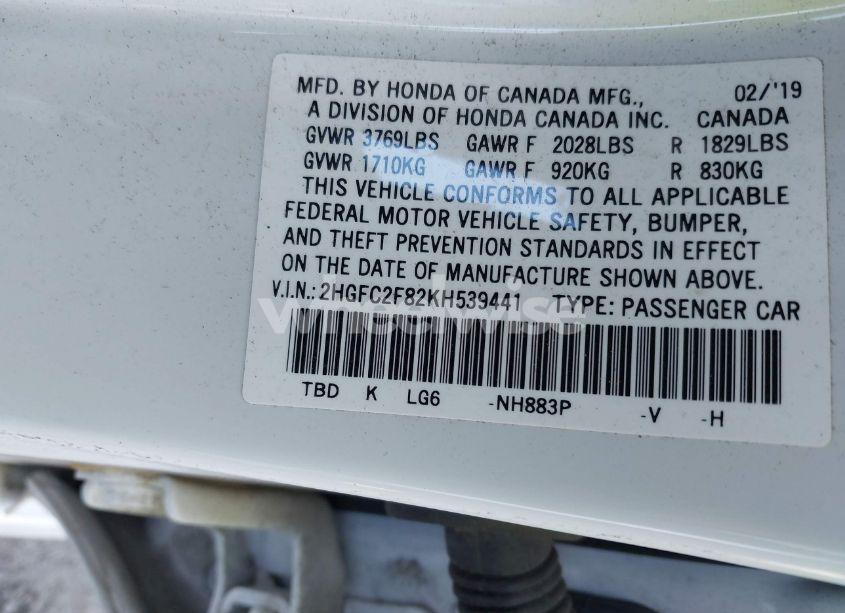 Photo 9 of 2019 Honda Civic SPORT (VIN 2HGFC2F82KH539441)