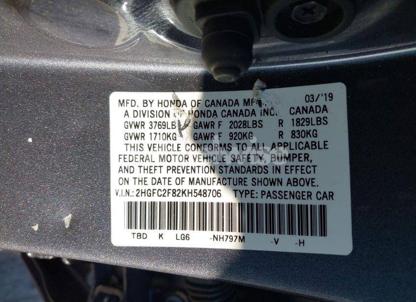 Photo 9 of 2019 Honda Civic SPORT (VIN 2HGFC2F82KH548706)