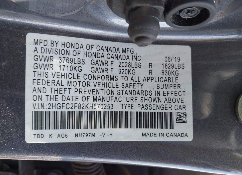 Photo 9 of 2019 Honda Civic SPORT (VIN 2HGFC2F82KH570253)