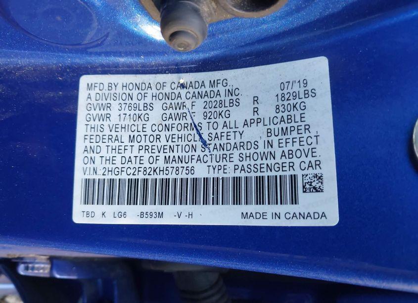 Photo 9 of 2019 Honda Civic SPORT (VIN 2HGFC2F82KH578756)