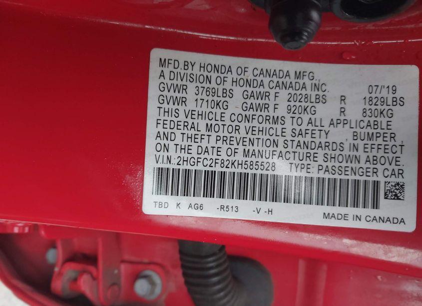 Photo 9 of 2019 Honda Civic SPORT (VIN 2HGFC2F82KH585528)