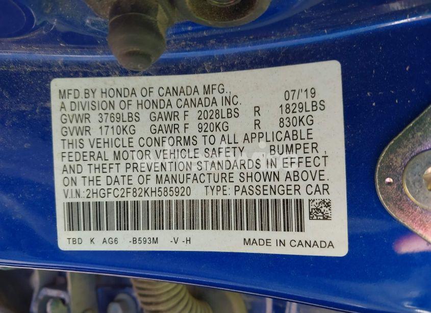 Photo 9 of 2019 Honda Civic SPORT (VIN 2HGFC2F82KH585920)