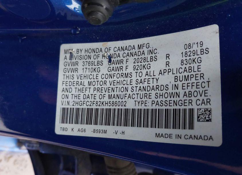 Photo 9 of 2019 Honda Civic SPORT (VIN 2HGFC2F82KH586002)