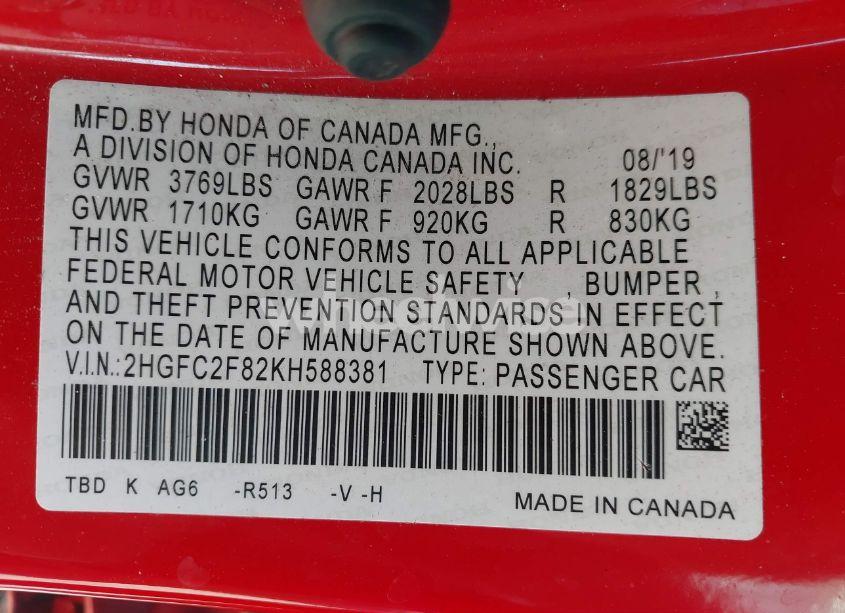 Photo 9 of 2019 Honda Civic SPORT (VIN 2HGFC2F82KH588381)