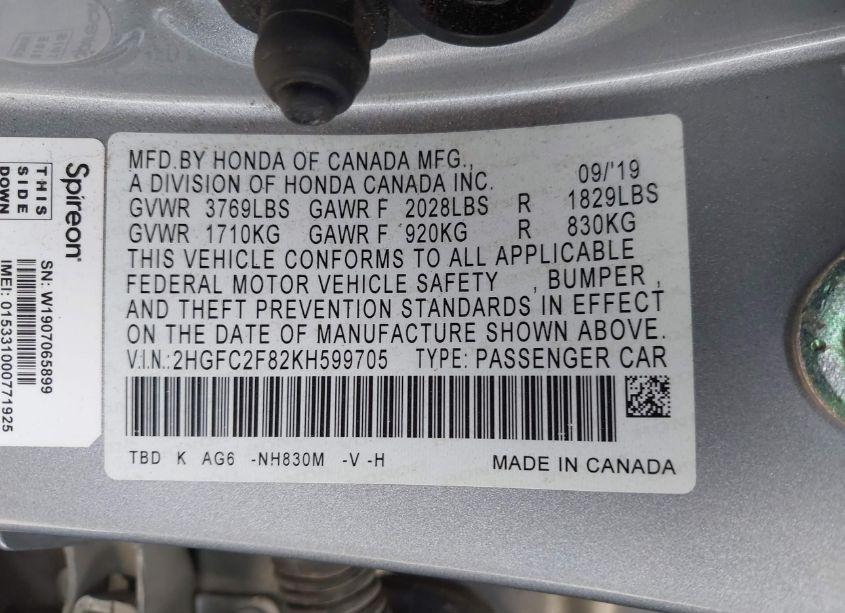 Photo 9 of 2019 Honda Civic SPORT (VIN 2HGFC2F82KH599705)