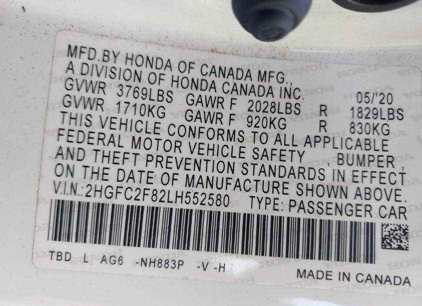 Photo 9 of 2020 Honda Civic SPORT (VIN 2HGFC2F82LH552580)