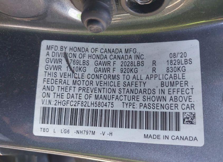Photo 9 of 2020 Honda Civic SPORT (VIN 2HGFC2F82LH580475)