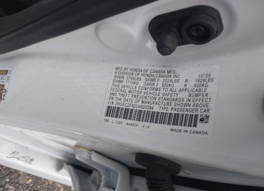 Photo 9 of 2020 Honda Civic SPORT (VIN 2HGFC2F82LH600384)