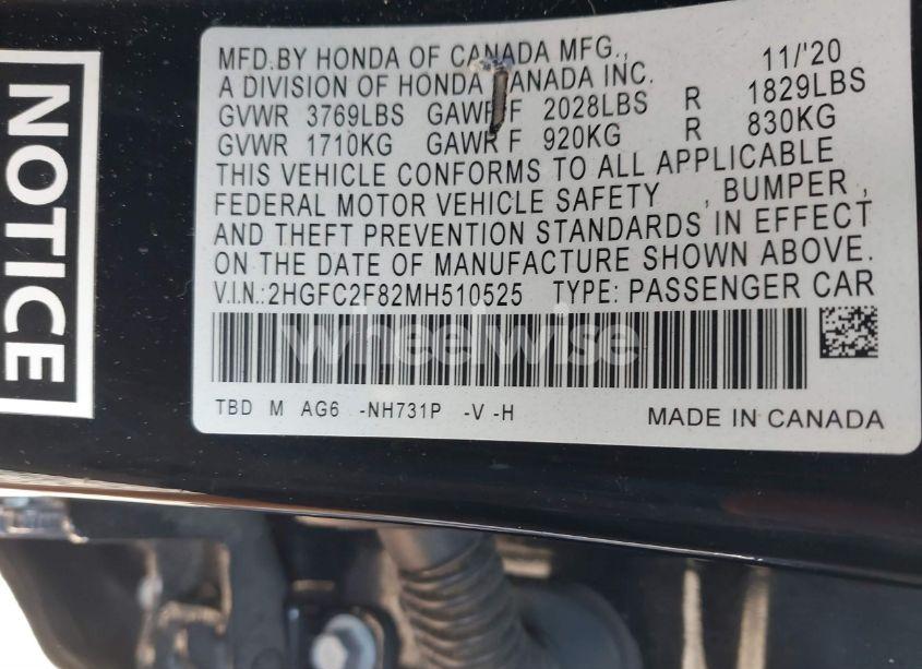 Photo 9 of 2021 Honda Civic SPORT (VIN 2HGFC2F82MH510525)