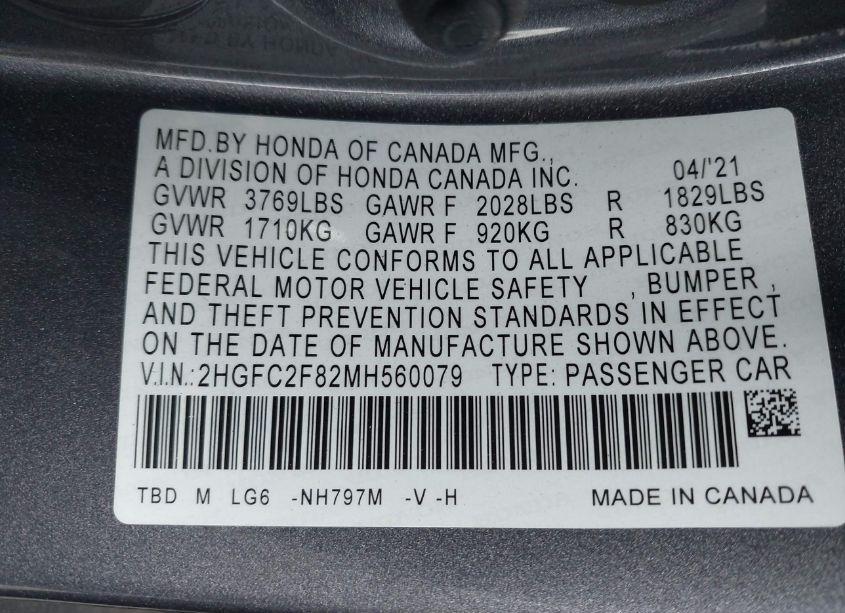 Photo 9 of 2021 Honda Civic SPORT (VIN 2HGFC2F82MH560079)