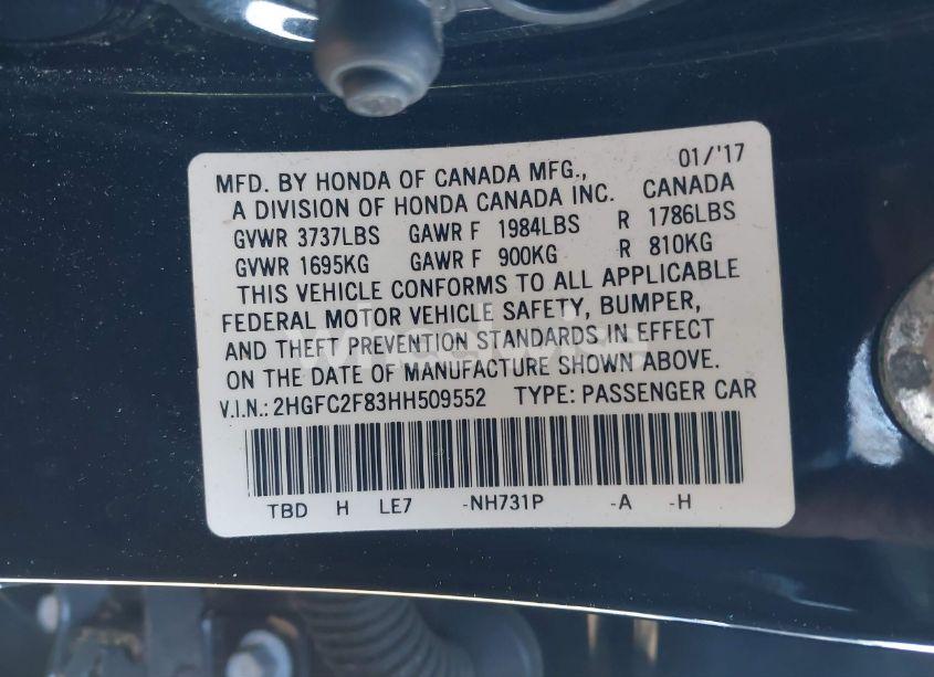 Photo 9 of 2017 Honda Civic EX (VIN 2HGFC2F83HH509552)
