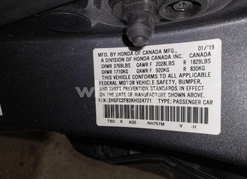 Photo 9 of 2019 Honda Civic SPORT (VIN 2HGFC2F83KH524771)