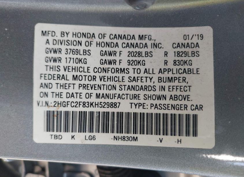 Photo 9 of 2019 Honda Civic SPORT (VIN 2HGFC2F83KH529887)