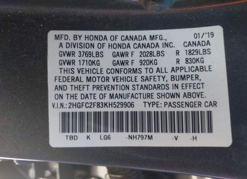 Photo 9 of 2019 Honda Civic SPORT (VIN 2HGFC2F83KH529906)