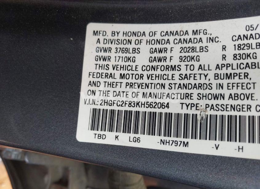 Photo 9 of 2019 Honda Civic SPORT (VIN 2HGFC2F83KH562064)
