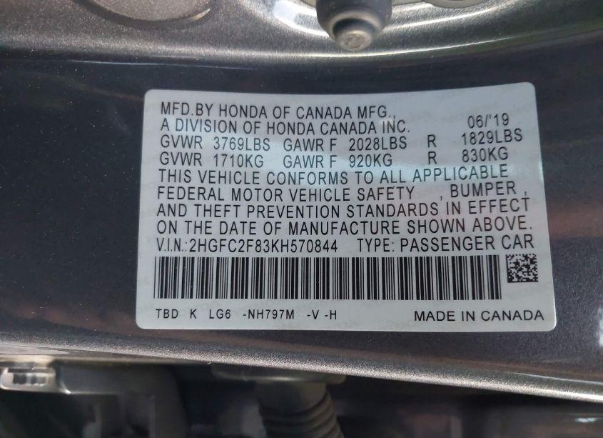 Photo 9 of 2019 Honda Civic SPORT (VIN 2HGFC2F83KH570844)