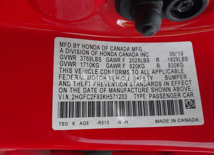 Photo 9 of 2019 Honda Civic SPORT (VIN 2HGFC2F83KH571203)