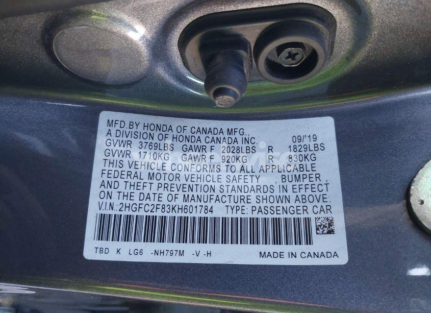 Photo 9 of 2019 Honda Civic SPORT (VIN 2HGFC2F83KH601784)