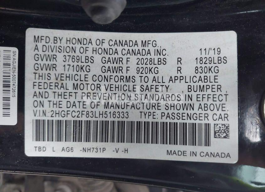 Photo 9 of 2020 Honda Civic SPORT (VIN 2HGFC2F83LH516333)