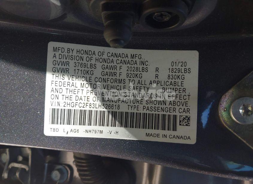 Photo 9 of 2020 Honda Civic SPORT (VIN 2HGFC2F83LH526618)