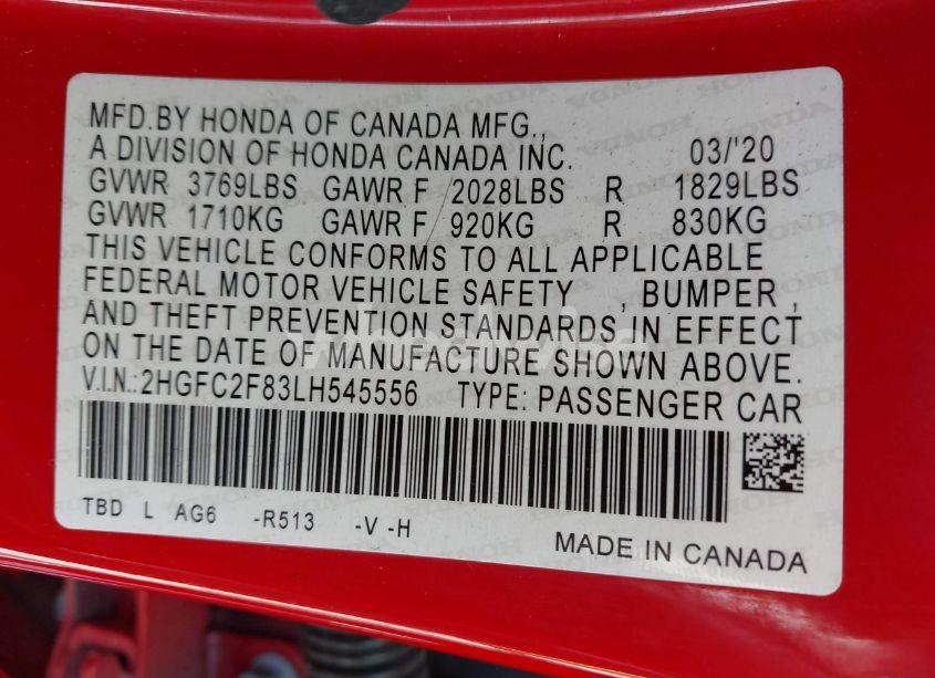 Photo 9 of 2020 Honda Civic SPORT (VIN 2HGFC2F83LH545556)