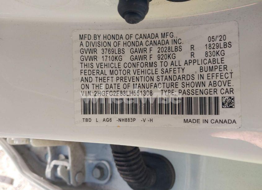 Photo 9 of 2020 Honda Civic SPORT (VIN 2HGFC2F83LH551308)