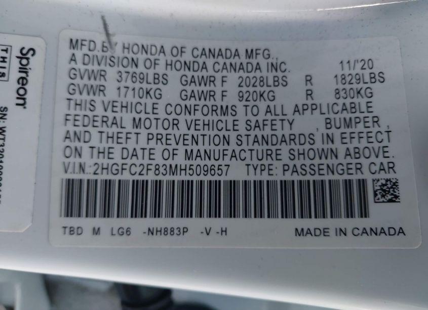 Photo 9 of 2021 Honda Civic SPORT (VIN 2HGFC2F83MH509657)