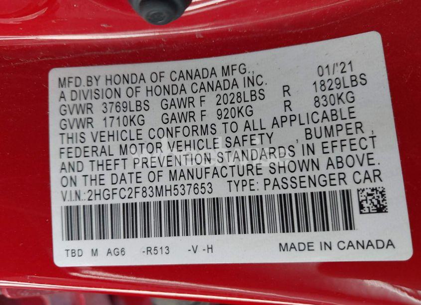 Photo 9 of 2021 Honda Civic SPORT (VIN 2HGFC2F83MH537653)