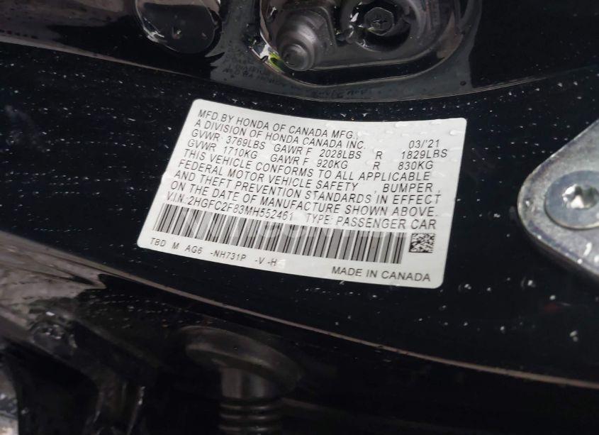 Photo 9 of 2021 Honda Civic SPORT (VIN 2HGFC2F83MH552461)