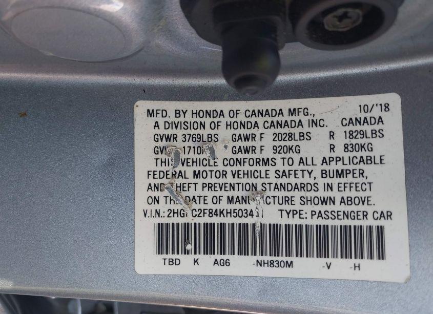 Photo 9 of 2019 Honda Civic SPORT (VIN 2HGFC2F84KH503461)