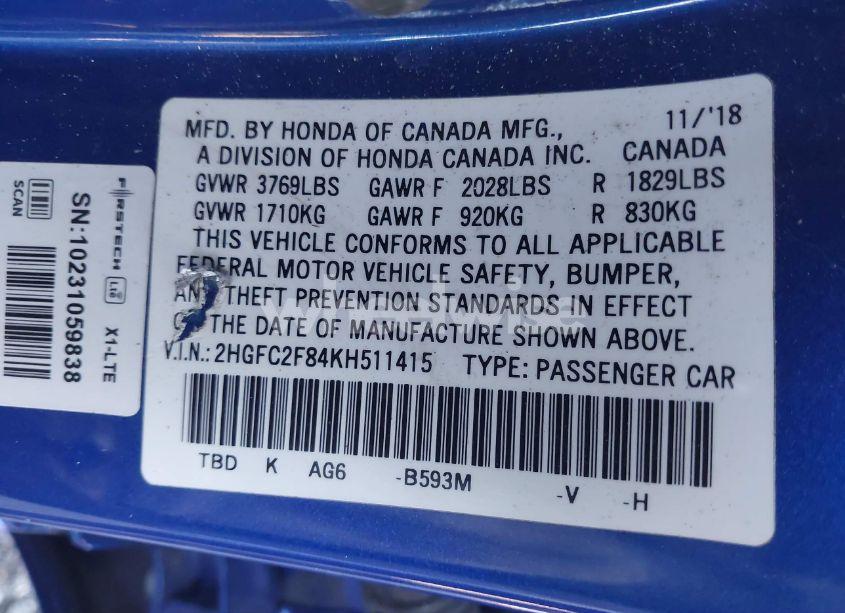 Photo 9 of 2019 Honda Civic SPORT (VIN 2HGFC2F84KH511415)