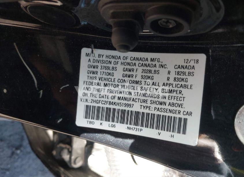 Photo 9 of 2019 Honda Civic SPORT (VIN 2HGFC2F84KH519997)