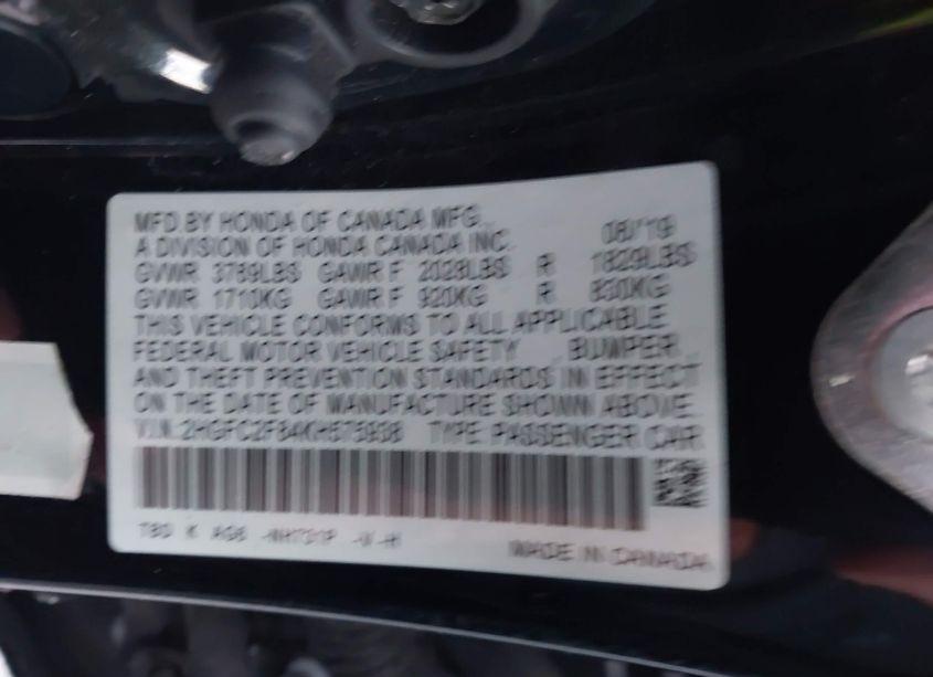 Photo 9 of 2019 Honda Civic SPORT (VIN 2HGFC2F84KH575938)