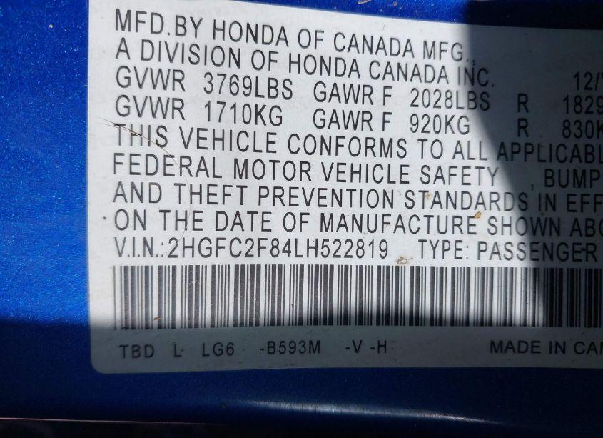Photo 9 of 2020 Honda Civic SPORT (VIN 2HGFC2F84LH522819)