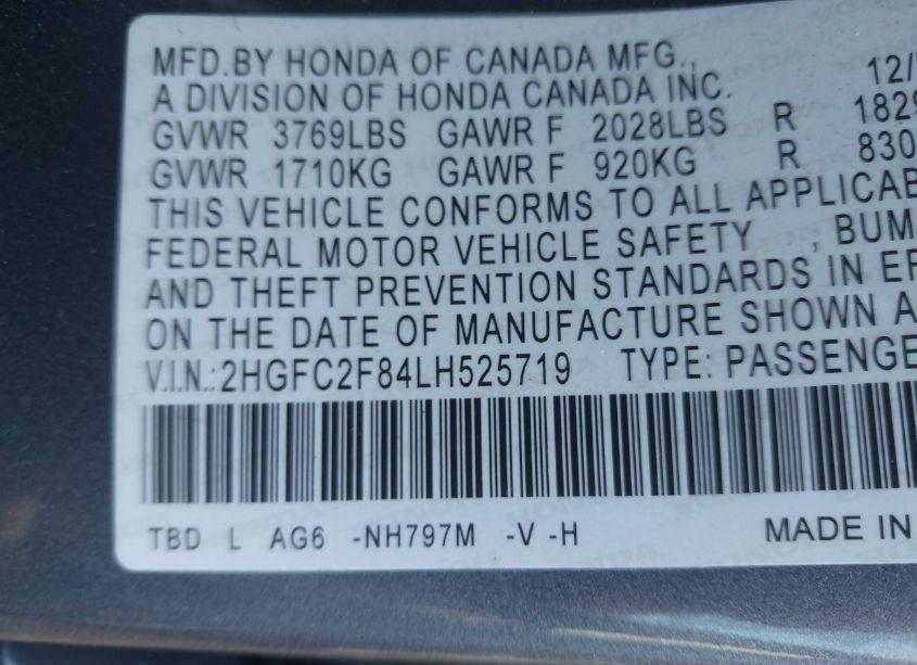 Photo 9 of 2020 Honda Civic SPORT (VIN 2HGFC2F84LH525719)