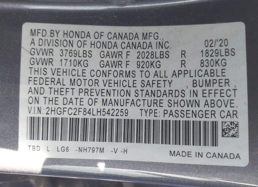Photo 9 of 2020 Honda Civic SPORT (VIN 2HGFC2F84LH542259)