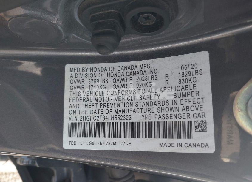Photo 9 of 2020 Honda Civic SPORT (VIN 2HGFC2F84LH552323)