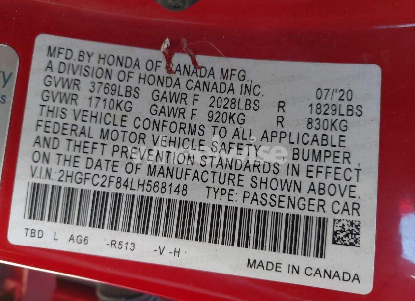Photo 9 of 2020 Honda Civic SPORT (VIN 2HGFC2F84LH568148)