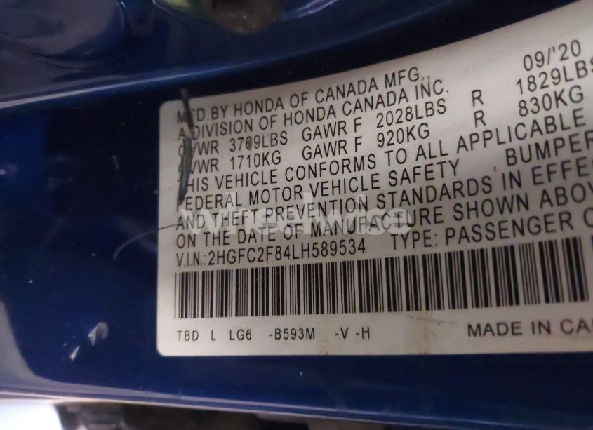 Photo 9 of 2020 Honda Civic SPORT (VIN 2HGFC2F84LH589534)
