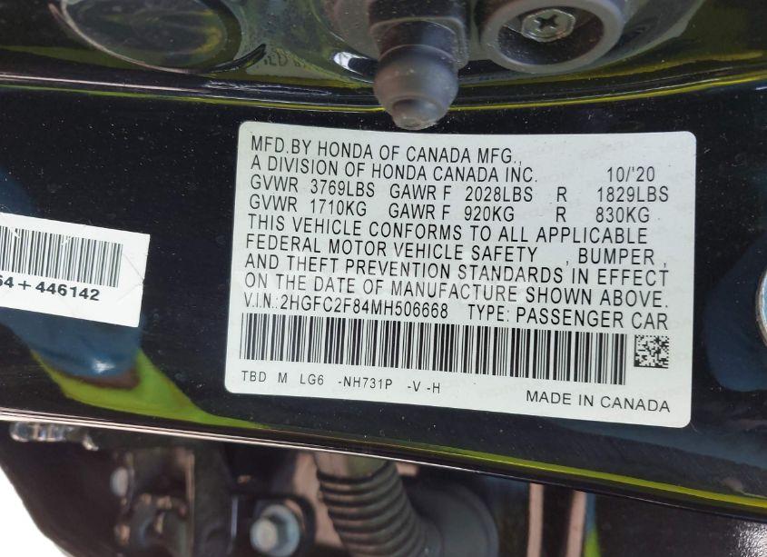 Photo 9 of 2021 Honda Civic SPORT (VIN 2HGFC2F84MH506668)