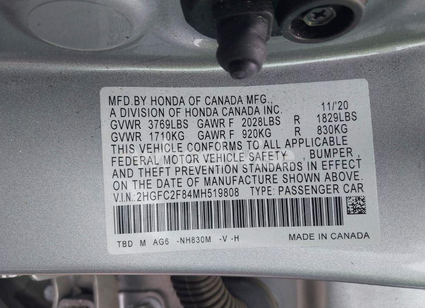 Photo 9 of 2021 Honda Civic SPORT (VIN 2HGFC2F84MH519808)