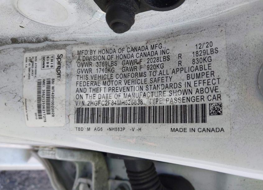 Photo 9 of 2021 Honda Civic SPORT (VIN 2HGFC2F84MH526838)