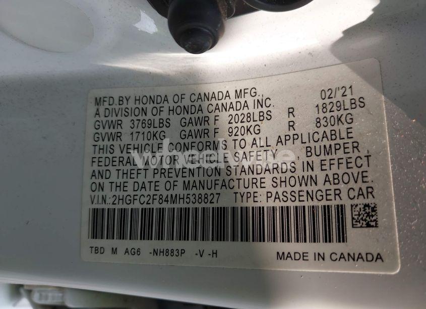 Photo 9 of 2021 Honda Civic SPORT (VIN 2HGFC2F84MH538827)