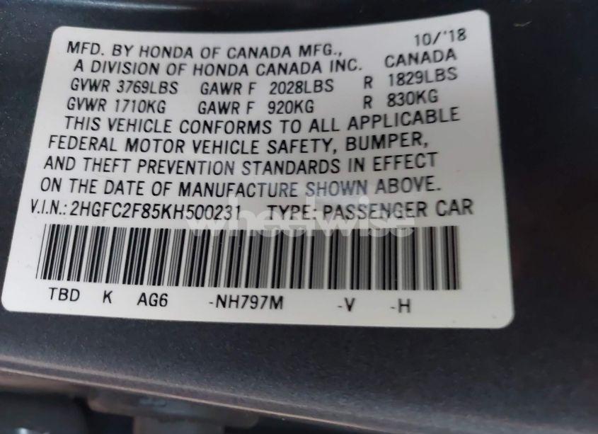 Photo 9 of 2019 Honda Civic SPORT (VIN 2HGFC2F85KH500231)