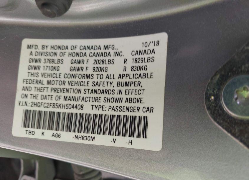 Photo 9 of 2019 Honda Civic SPORT (VIN 2HGFC2F85KH504408)