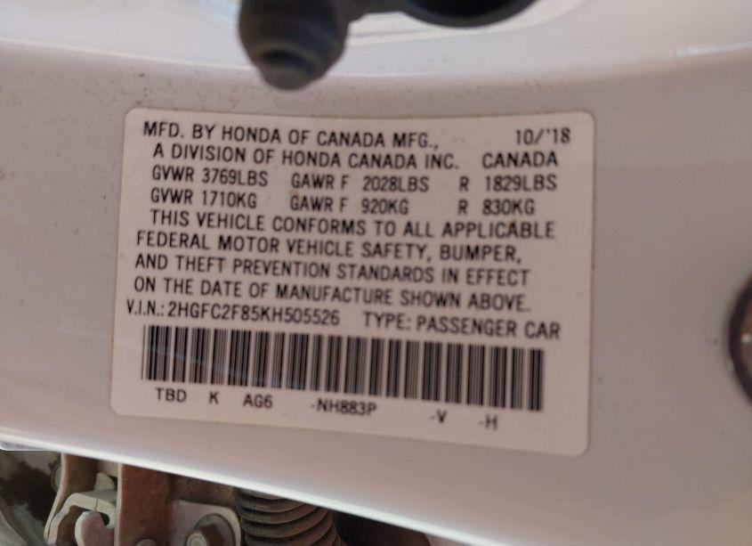 Photo 9 of 2019 Honda Civic SPORT (VIN 2HGFC2F85KH505526)