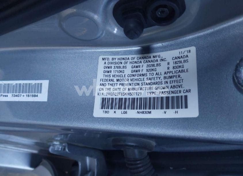 Photo 9 of 2019 Honda Civic SPORT (VIN 2HGFC2F85KH507129)