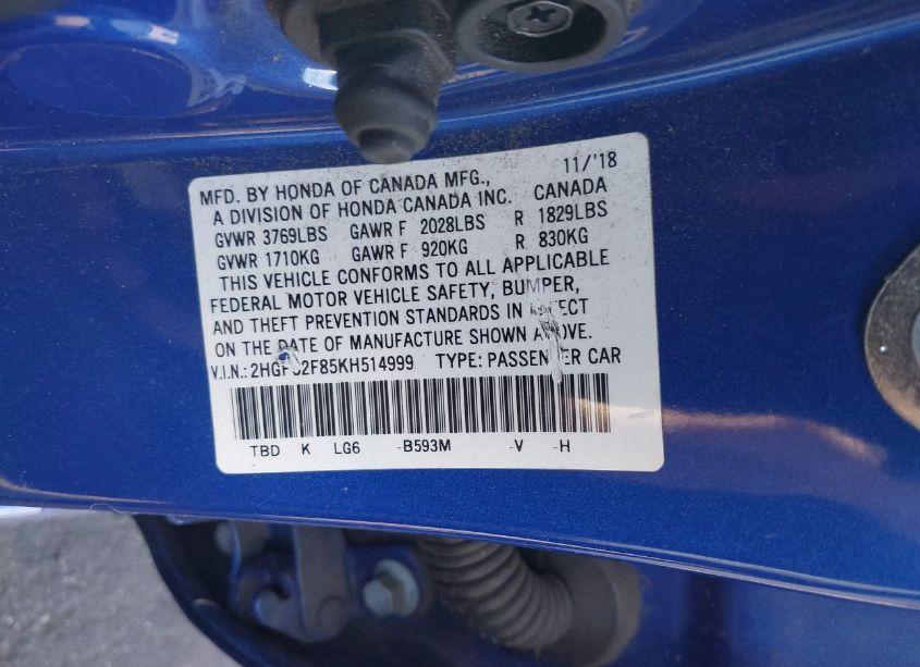 Photo 9 of 2019 Honda Civic SPORT (VIN 2HGFC2F85KH514999)